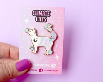 Water cat enamel pin, Pastel bubble bath cat pin with purple water element, Climate cats