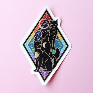 Rainbow cat trio sticker; Black cat Art Nouveau celestial cat sticker