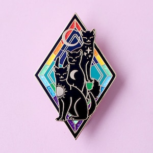 Rainbow cat trio enamel pin; Black cat Art Nouveau celestial cat lapel pin