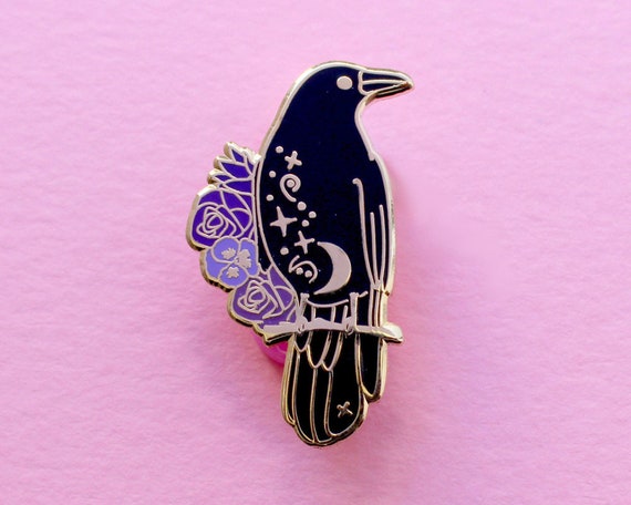 Crow raven bird brooch black enamel vintage modernist style pin gift box 