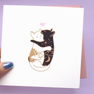 Day & Night Hugging cats card Anniversary card Cat love Card for wife girlfriend Cat valentines card Cat lady card I love you card Cute image 2