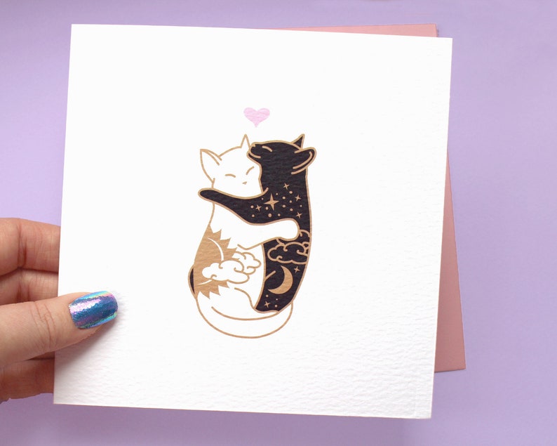 Day & Night Hugging cats card Anniversary card Cat love Card for wife girlfriend Cat valentines card Cat lady card I love you card Cute image 2