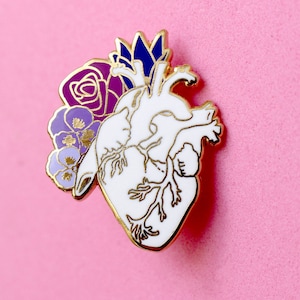 Anatomical heart enamel pin Romantic pin Romantic pin Heart pin Heart and flowers Anatomy pins Black heart pin Gothic pin Realistic heart image 5