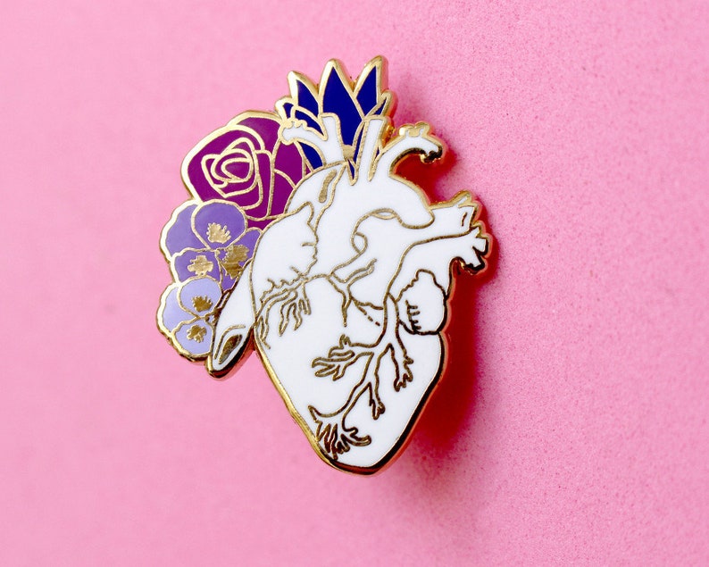 Anatomical heart enamel pin Romantic pin Romantic pin Heart pin Heart and flowers Anatomy pins Black heart pin Gothic pin Realistic heart image 5