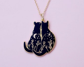 Black Cats Stargazing Necklace; Black Cat Pair Cat Lover