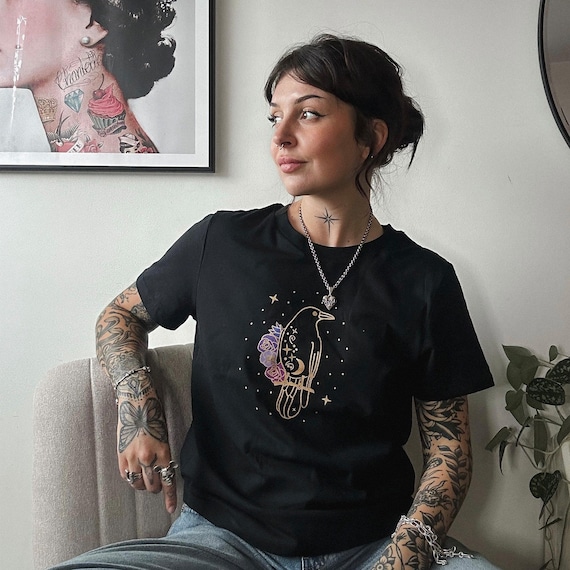 Crow and flowers T-Shirt, Black Raven T-shirt