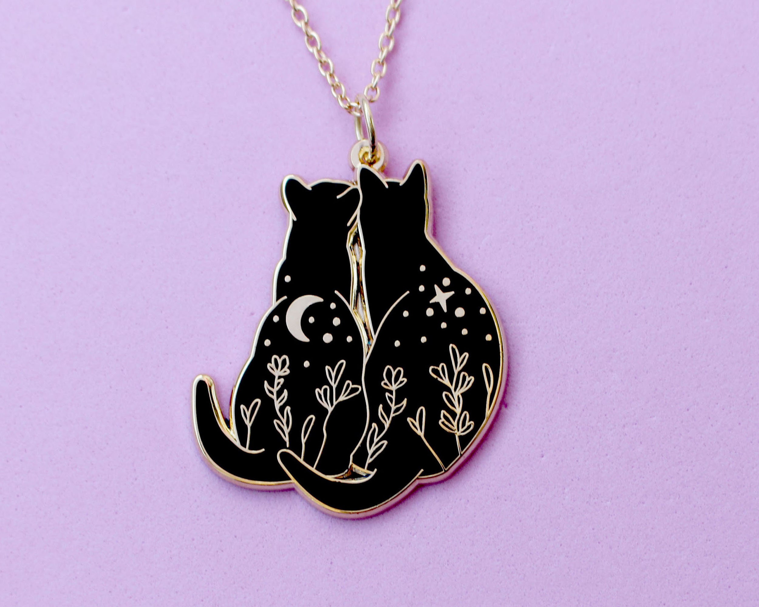 Black Cats Stargazing Necklace; Black Cat Pair Cat Lover