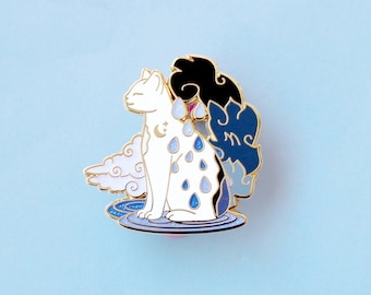 Rain cat enamel pin, White cat lover gift, weather pin – Climate cats collection