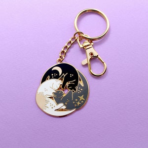 Trio of cats keychain Black cat keychain Celestial keychain Sleeping cat Astrology keychain Sun moon and stars Zodiac Cat lover gift image 3