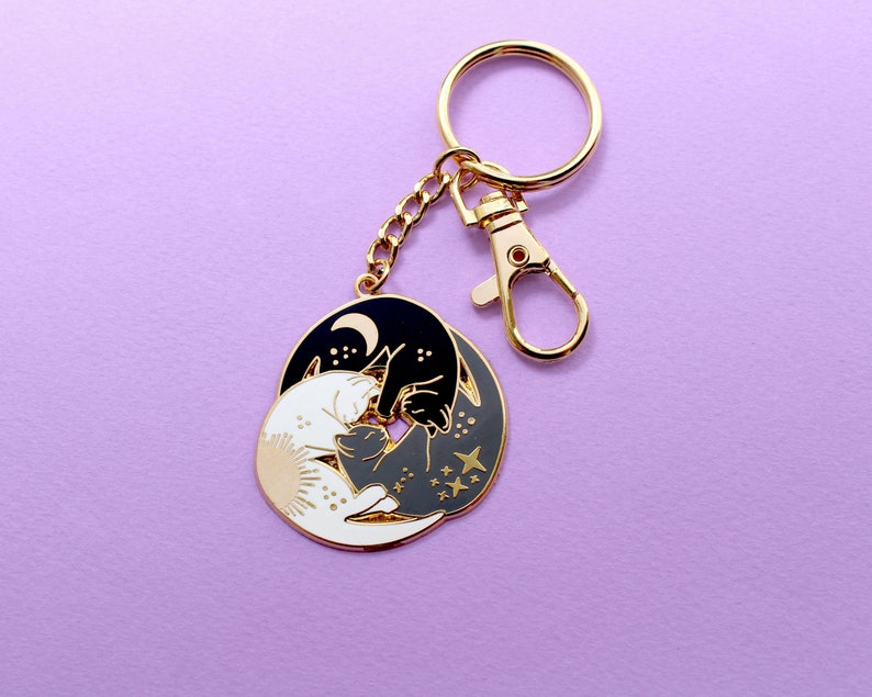 Trio of cats keychain Black cat keychain Celestial keychain Sleeping cat Astrology keychain Sun moon and stars Zodiac Cat lover gift image 3