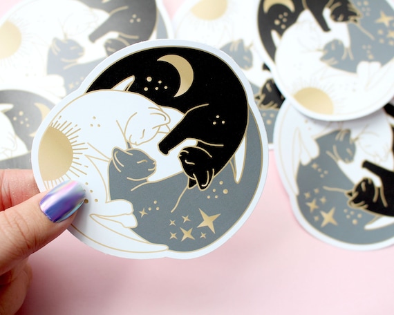 Trio of cats sticker Laptop sticker Cute vinyl sticker Black cat sticker Celestial sticker Sleeping cat Astrology sticker Zodiac Cat lover