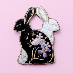 Écusson thermocollant floral lapins, écusson lapin brodé Yin et yang