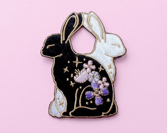Floral Rabbits iron on patch, Yin and yang embroidered bunny patch