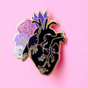 Anatomical heart enamel pin Romantic pin Romantic pin Heart pin Heart and flowers Anatomy pins Black heart pin Gothic pin Realistic heart image 4