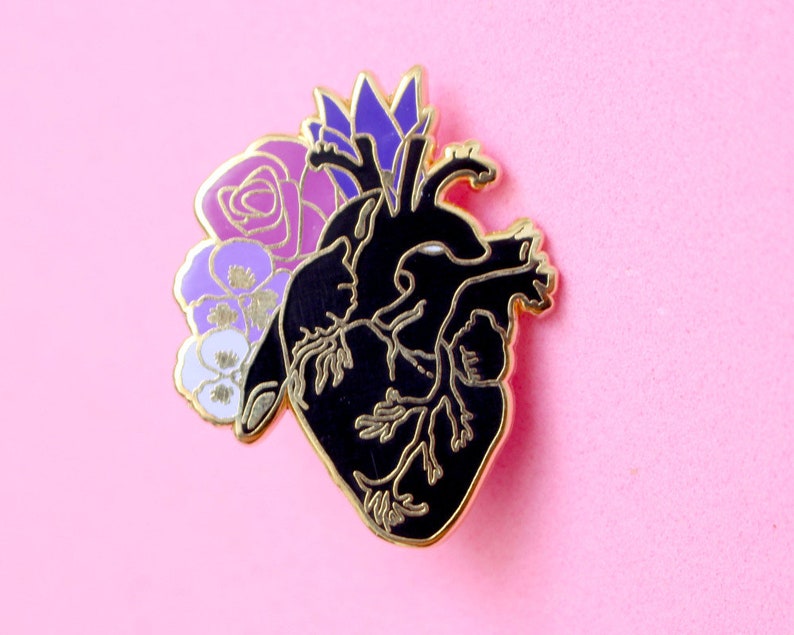 Anatomical heart enamel pin Romantic pin Romantic pin Heart pin Heart and flowers Anatomy pins Black heart pin Gothic pin Realistic heart image 4