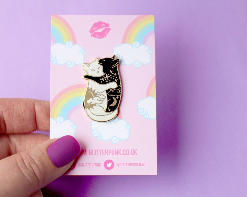 Cute day and night hugging cat enamel pin Celestial cat Cute pin Black cat pin Yin yang cat pin White cat pin Galaxy cat Night cat Valentine image 5