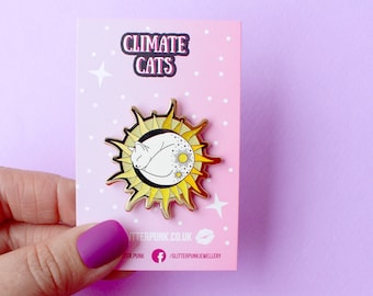 Sun cat enamel pin, White cat in yellow glitter sun, energy solar cat positive pin