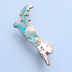 Sea Cat Enamel Pin; Glitter white cat lover gift