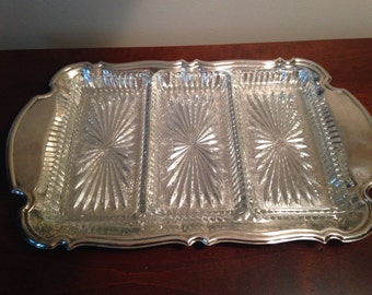 Vintage Silver Serving Tray with Glass Inserts / Antique Glass & Silver Relish Tray / Wedding Accessory / Silver Platter / Jewelry Tray