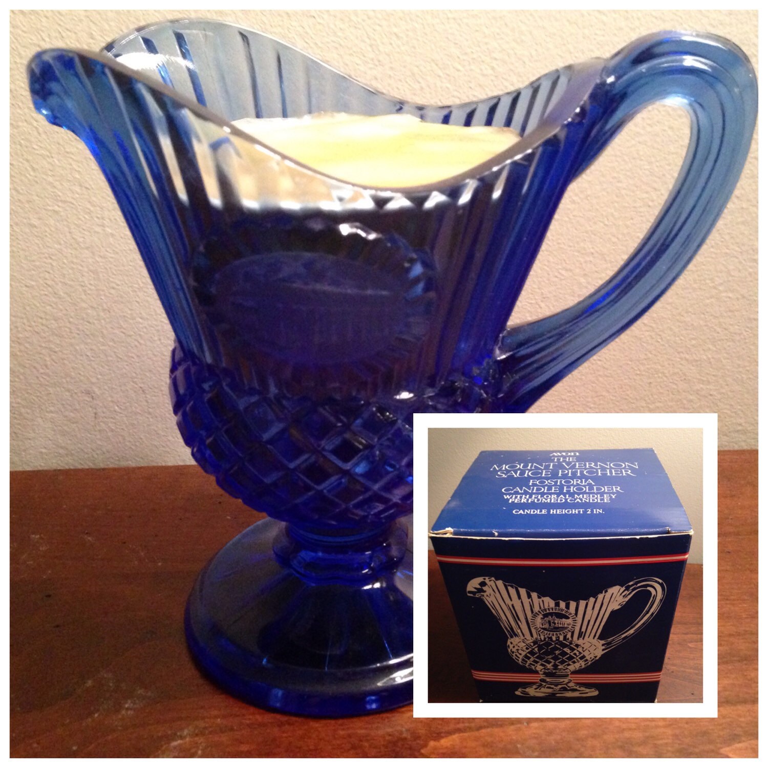Blue Glass Sauce Pitcher Avon Mount Vernon Fostoria Candle Etsy