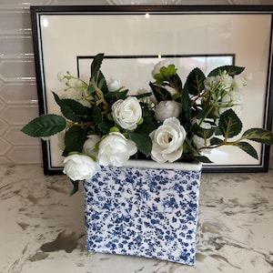 4 inch square ceramic planter - cottagecore fabric decoupage blue and white floral