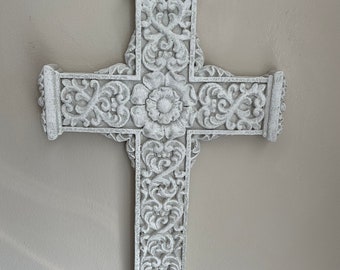 Stone look carved religious cross wall hanging in shades of white