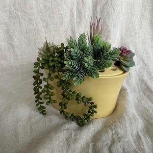May include: A yellow ceramic flower frog vase filled with various faux succulents. The arrangement includes trailing green plants, spiky green foliage, and a few purple and red succulents. The vase is sitting on a light-colored, textured fabric.