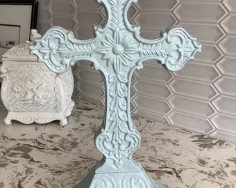 French pastel blue cast iron religious cross