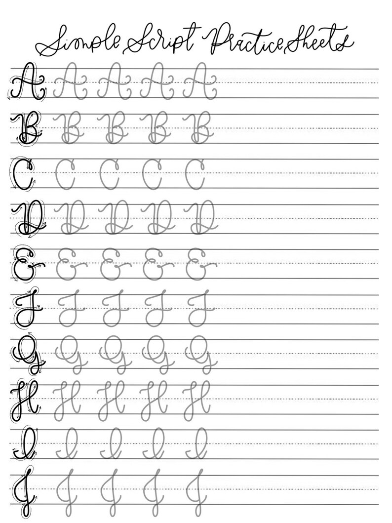 simple script practice sheets uppercase full alphabet etsy
