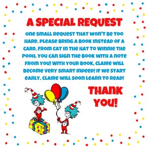 Seuss Cat in the Hat "Bring a Book Instead of a Card" Party Insert