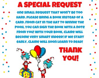 Seuss Cat nel cappello "Porta un libro invece di una carta" Party Insert