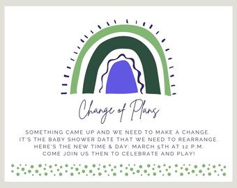 Stampa / e-mail / testo Baby Shower Postponement Card per cambio di data con blu verde arcobaleno