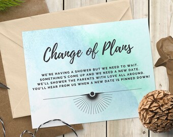 Stampa / e-mail / testo Baby Shower Postponement Card per cambio di data con acquerello blu verde