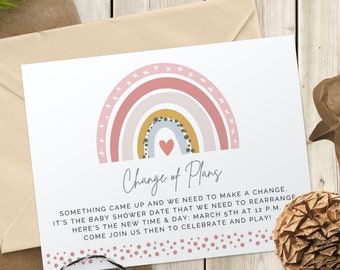 Stampa / e-mail / testo Baby Shower Postponement Card per il cambio di data con Pink Rainbow