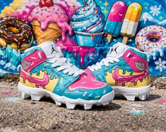 Custom Painted Jordan 1 Cleats: Personalized Ice Cream Drip Design and more