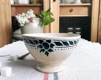 Beautiful farmhouse tea stained vintage  French ironstone cafe au lait bowl with lovely dark blue floral design- BB1