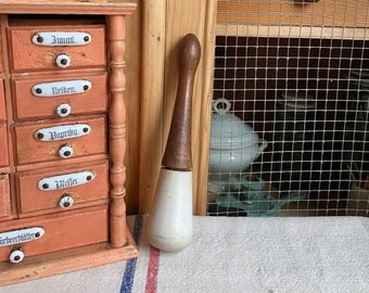 Beautiful rustic vintage French stoneware pestle with wooden handle