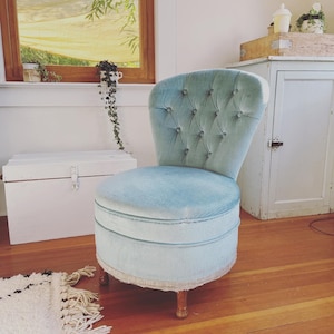 Beautiful antique French petite Fauteuil blue velvet chair