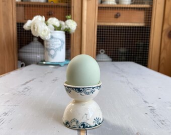 Beautiful vintage French ironstone egg cup with blue, green design