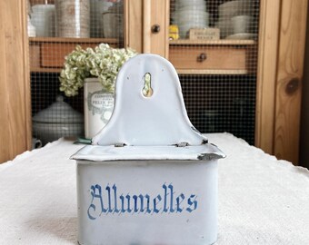 Beautiful vintage French enamelware match  box in blue script on white background