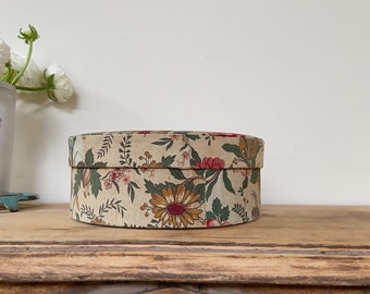 Beautiful vintage French round fabric  box with paper lining