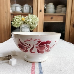 Beautiful vintage French ironstone cafe au lait bowl with red, pinkish rose image 1