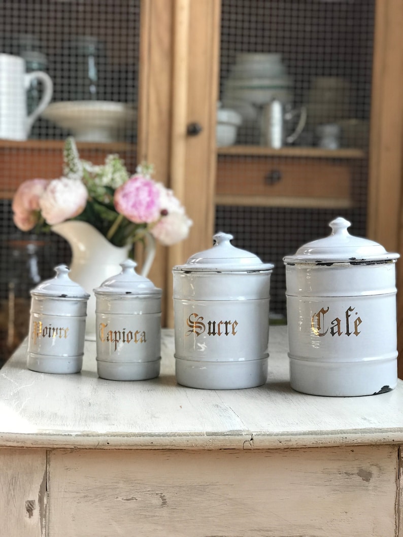 Beautiful enamelware set of vi rage French kitchen canister image 0