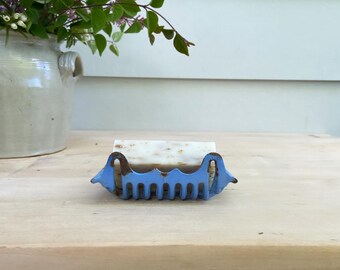Beautiful rustic charm old French petite  cast soap holder in periwinkle