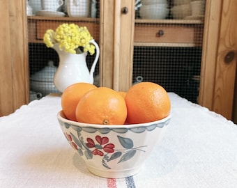 Beautiful vintage French ironstone cafe au lait bowl with red and blue floral