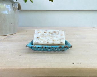 Beautiful rustic vintage French cast iron soap holder in turquoise blue