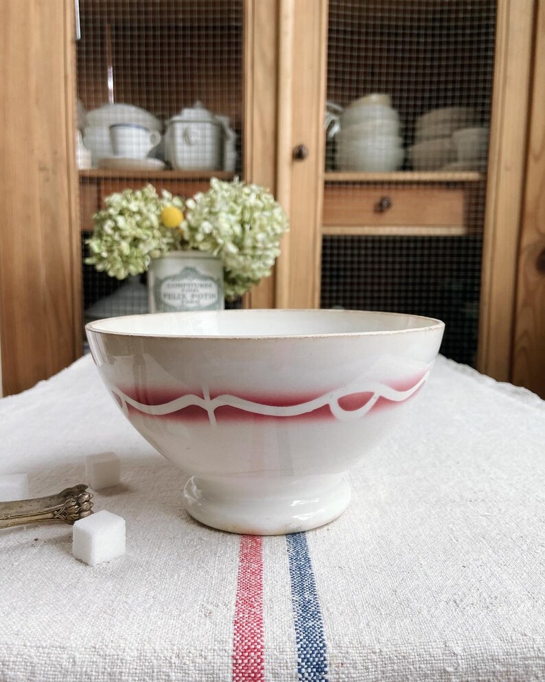 Beautiful vintage French ironstone cafe au lait bowl with red, pinkish rose image 5