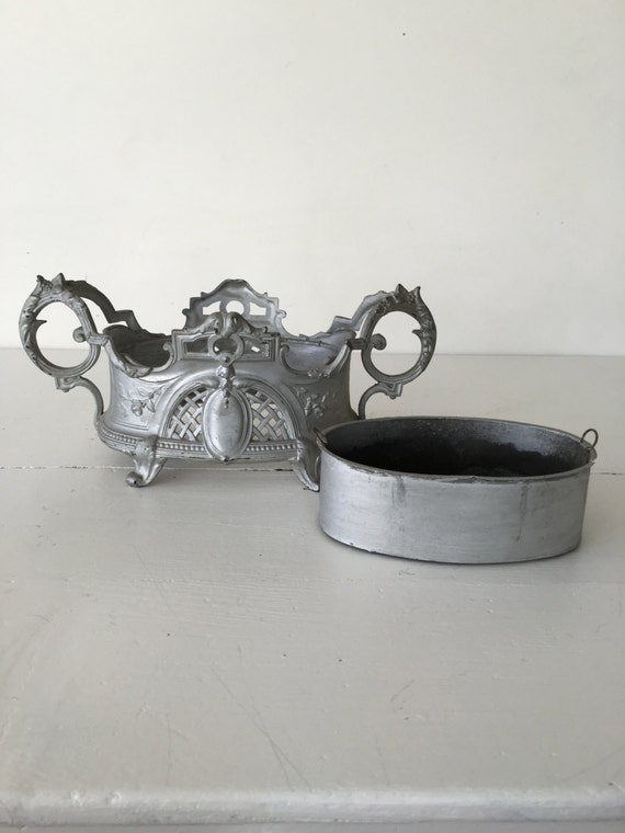 French Antique  Silvered Metal Jardiniere And Mirrored Tray Circa Late 1800/'s