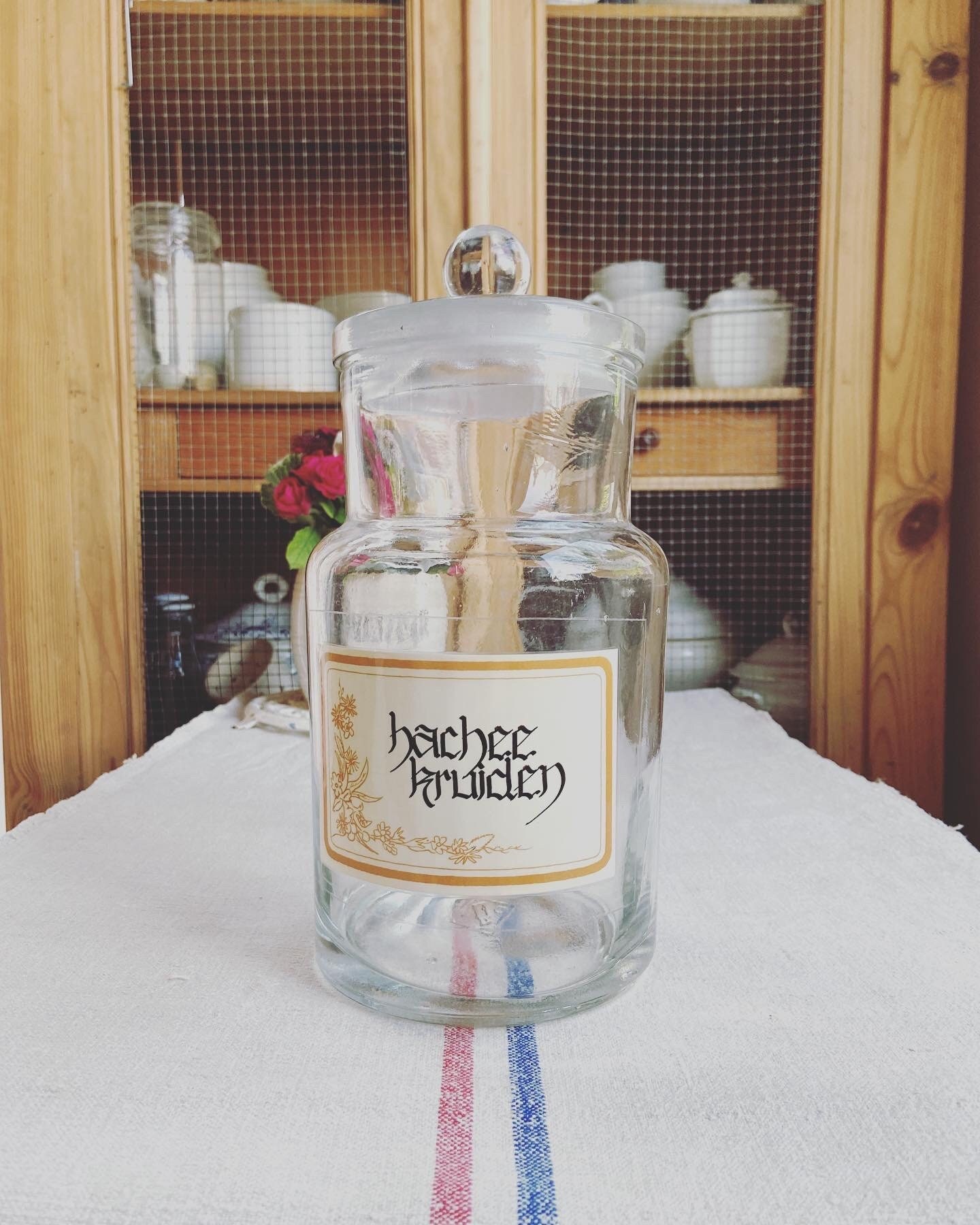 Beautiful vintage Dutch hand blown glass jar With  it ‘s original label- HBJ2