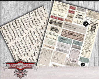 May include: Vintage style digital paper pack with a variety of images and text. The images include a bicycle, a typewriter, a music cabinet, a notice, a receipt, and a weekly offering. The text includes "Never-Stop", "Concluded", "T. Eaton Co. Limited", "Received Here", "Weekly Offering", "27730 Dollars", and "No. 2".
